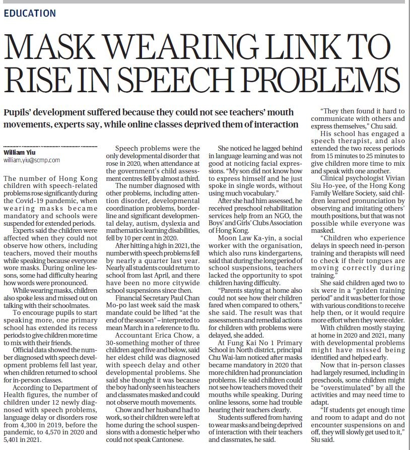 Mask Wearing Link to Rise in Speech Problems- South China Morning Post